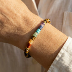 Bransoletka 7 czakr z tygrysim okiem i mini kamieniami naturalnymi na nadgarstku modelki w białej koszuli