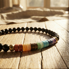 Bransoletka z obsydianem czarnym i ametystem 7 czakr, koraliki 4mm na drewnianym blacie w naturalnym świetle.