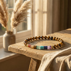 Bransoletka 7 czakr z tygrysim okiem i mini kamieniami naturalnymi w stylu boho na drewnianym stole.