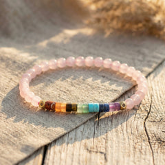 Bransoletka z kwarcem różowym i ametystem 7 czakr, kamienie naturalne w kolorach tęczy na lnianym tle.