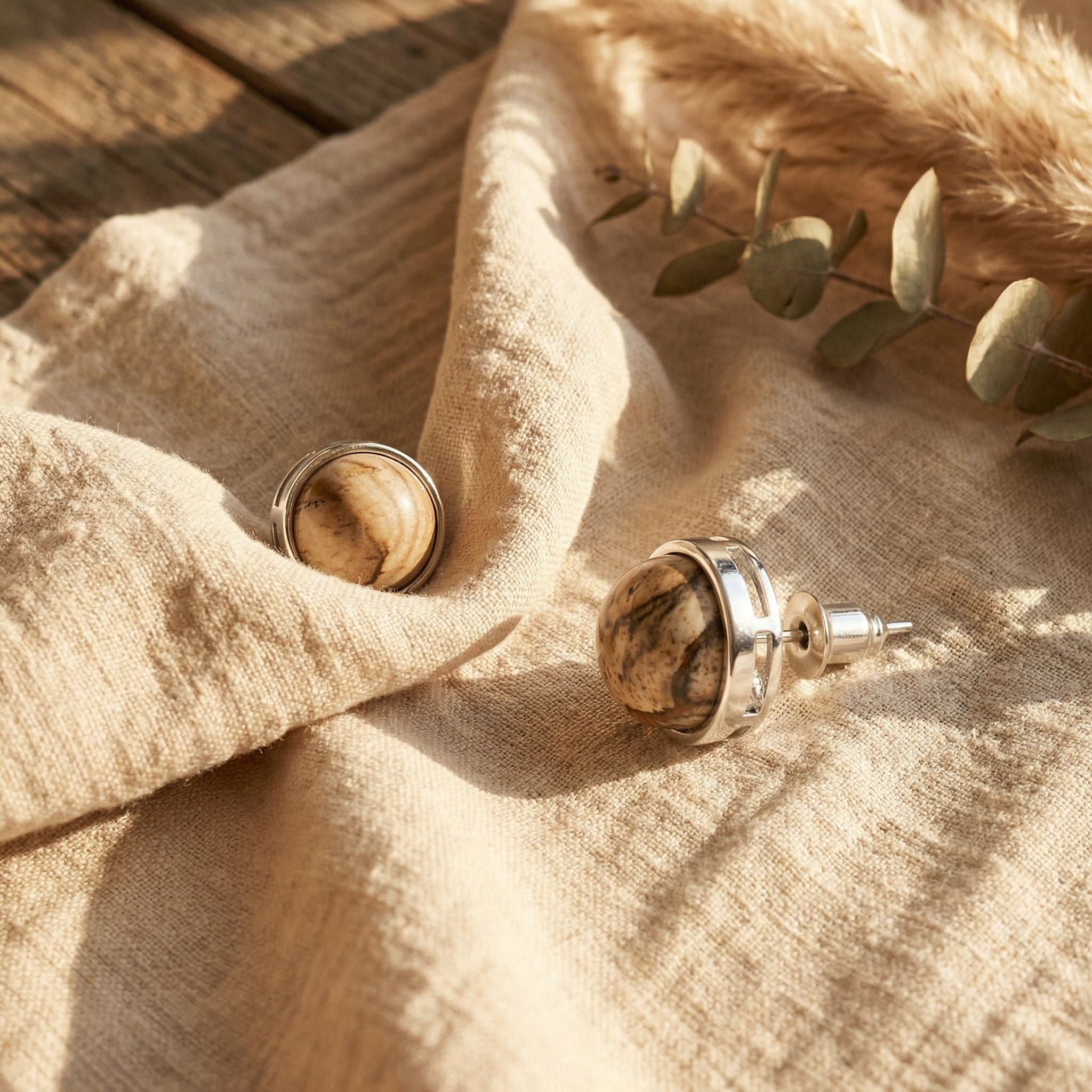 Kolczyki wkrętki z jaspisem obrazkowym i srebrnym wykończeniem - zdjęcie 5