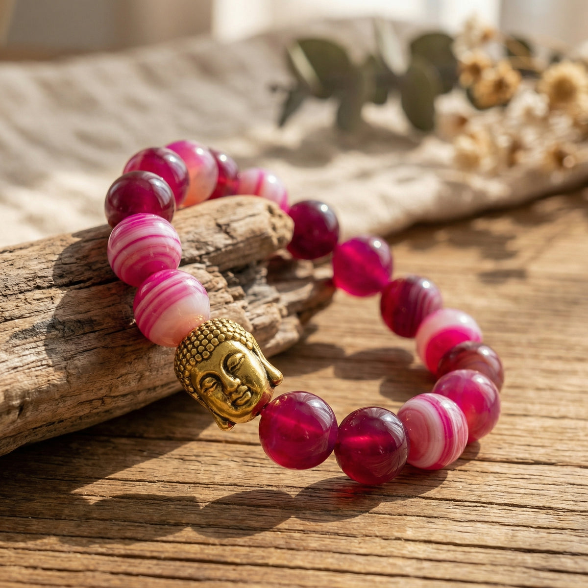 Bransoletka z agatem pasiastym różowa fuksja i miedzią - zdjęcie 2