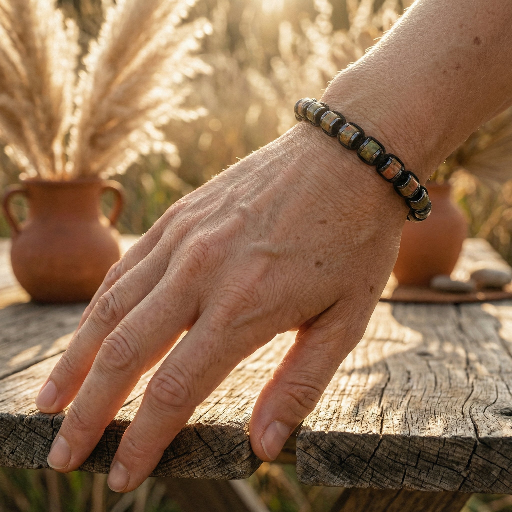 Bransoletka z unakitem i hematytem na sznurku regulowana - zdjęcie 8