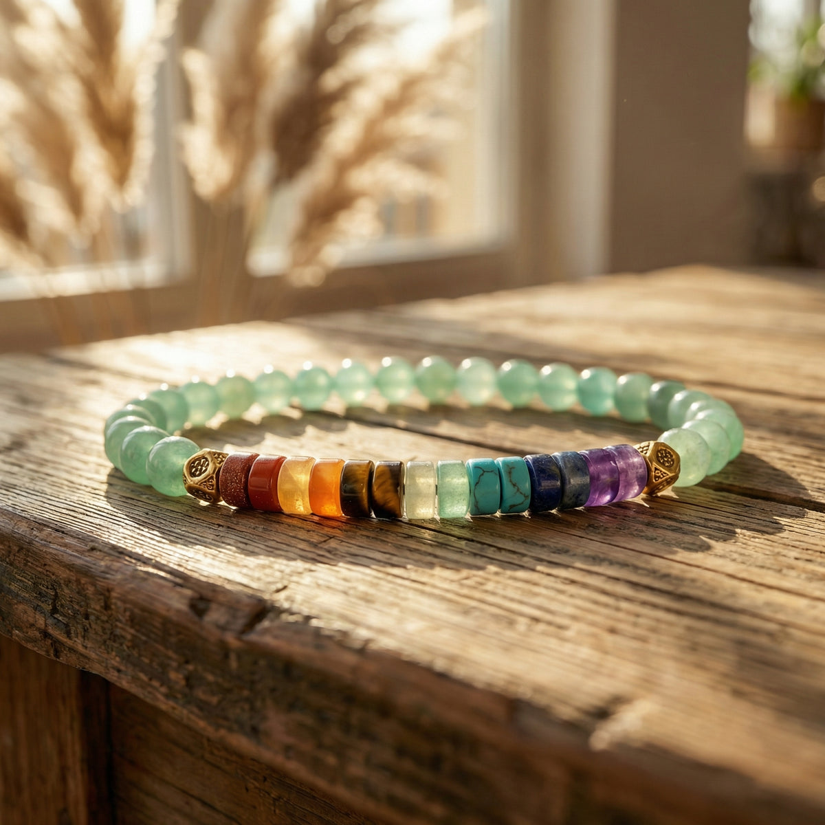 Bransoletka z awenturynem naturalnym i kamieniami 7 czakr 4mm. Biżuteria boho z kolorowych kamieni naturalnych.