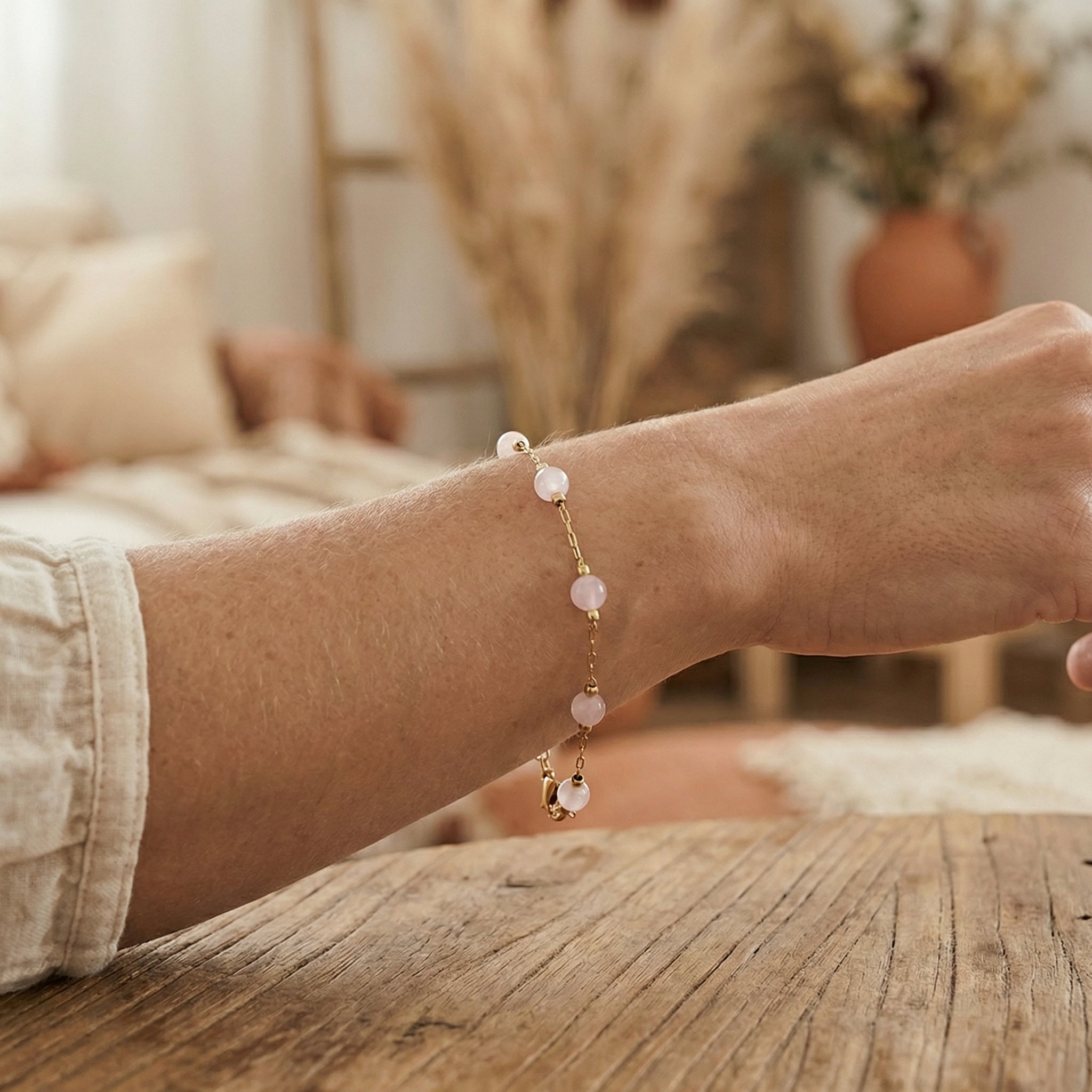 Bransoletka z kwarcem różowym i miedzią pozłacaną - zdjęcie 9