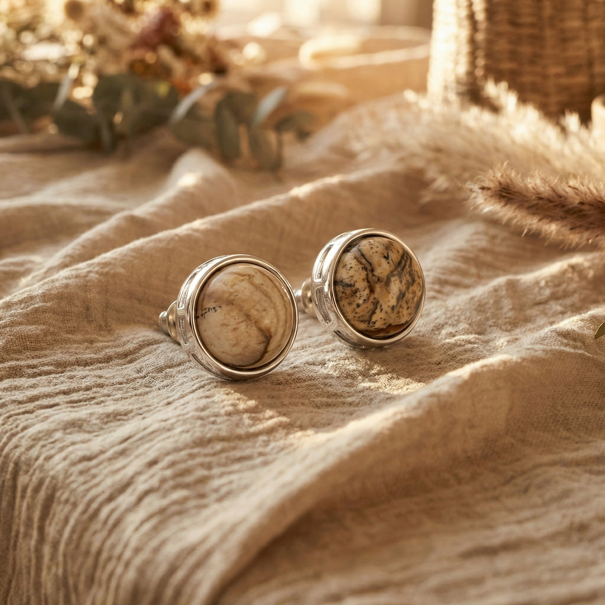 Kolczyki wkrętki z jaspisem obrazkowym i srebrnym wykończeniem - zdjęcie 1