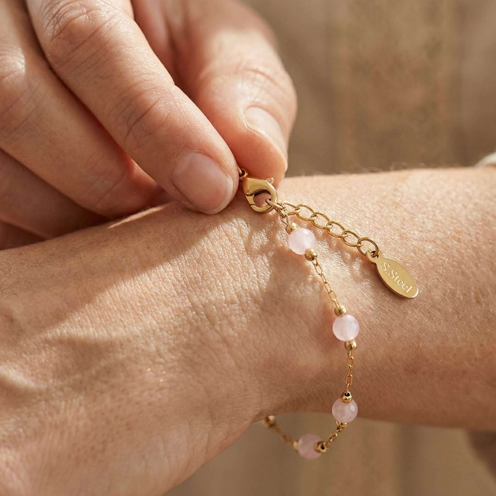 Bransoletka z kwarcem różowym i miedzią pozłacaną - zdjęcie 8