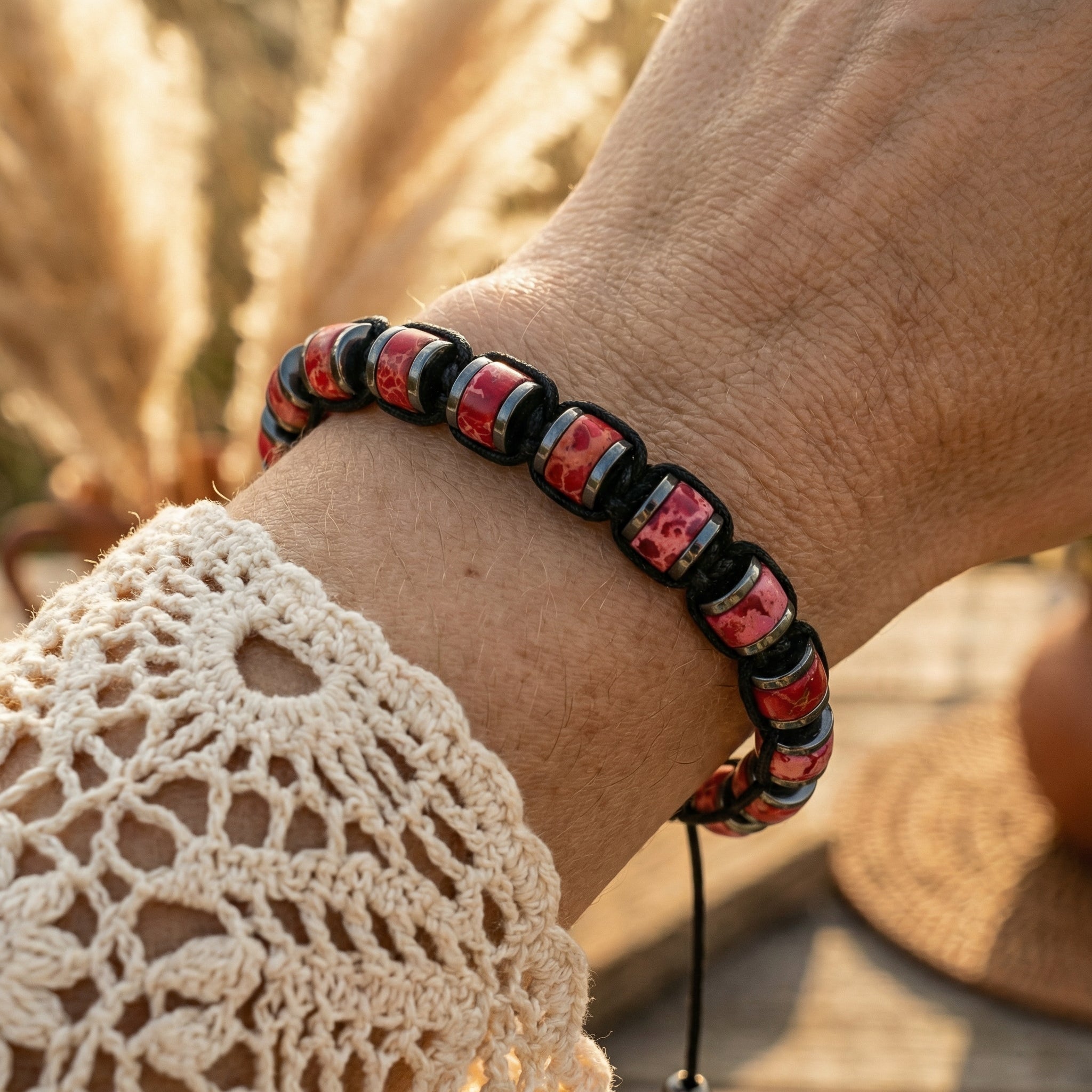 Bransoletka z jaspisem imperialnym i hematytem regulowana - zdjęcie 6