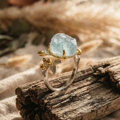 Pierścionek z akwamarynem naturalnym regulowany z motywem kwiatowym - zdjęcie 1