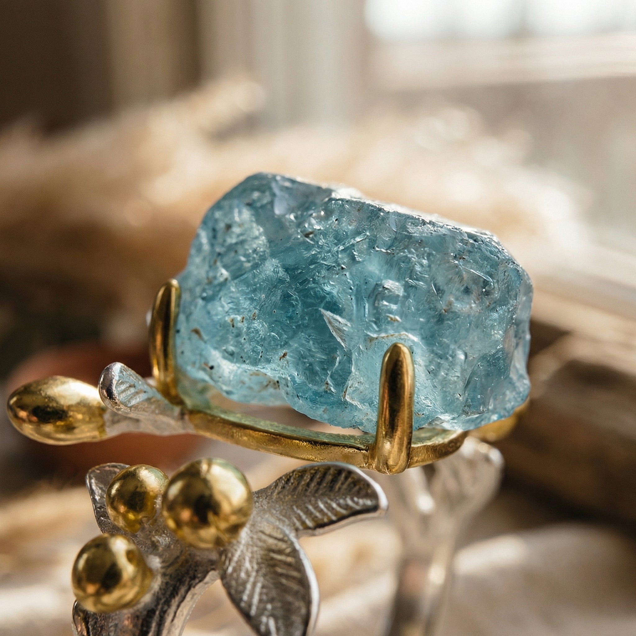 Pierścionek z akwamarynem naturalnym regulowany z motywem kwiatowym - zdjęcie 3