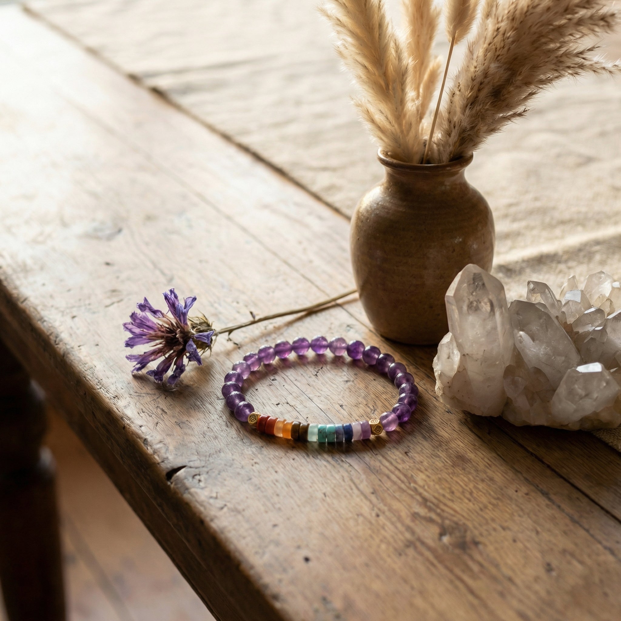 Bransoletka z ametystu i 7 kamieni czakr z mini koralikami na drewnianym blacie w stylu boho.