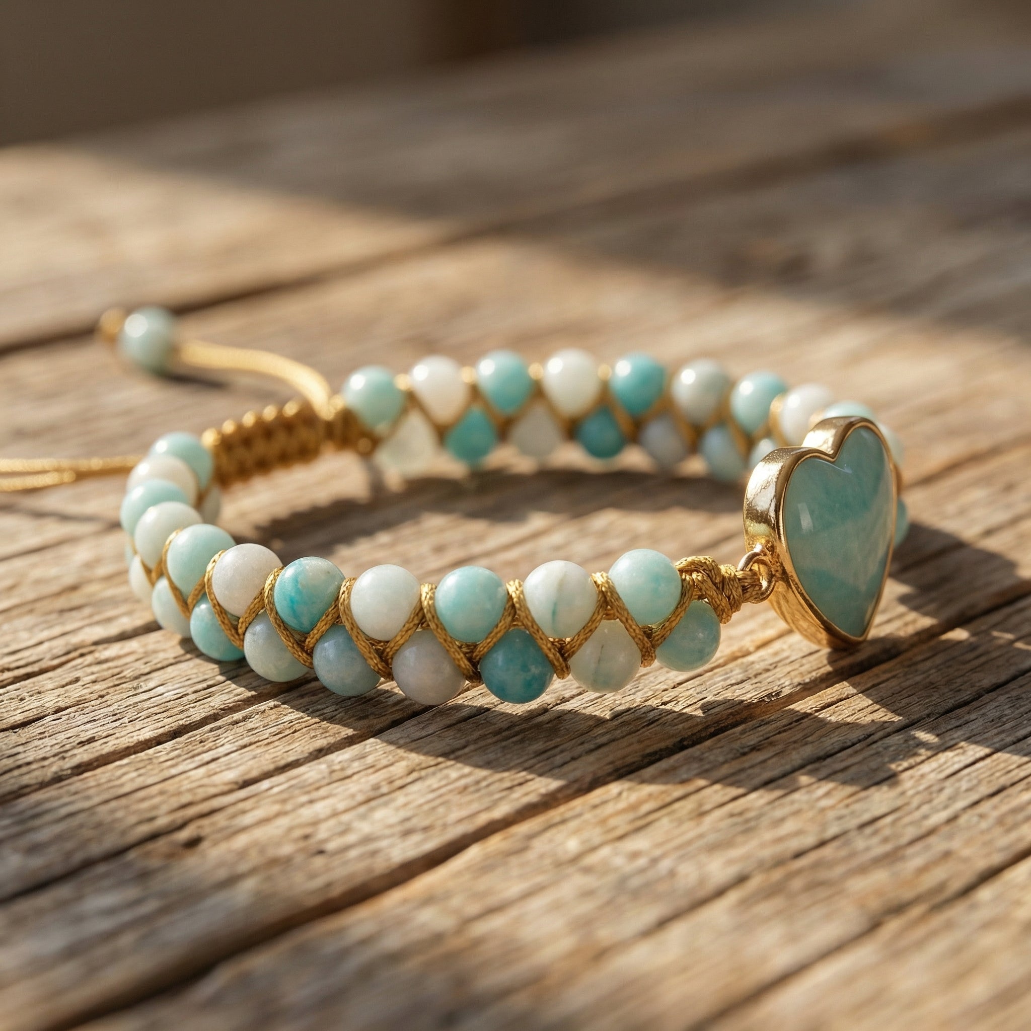 Bransoletka z amazonitem naturalnym i złotym sercem pleciona boho - zdjęcie 2