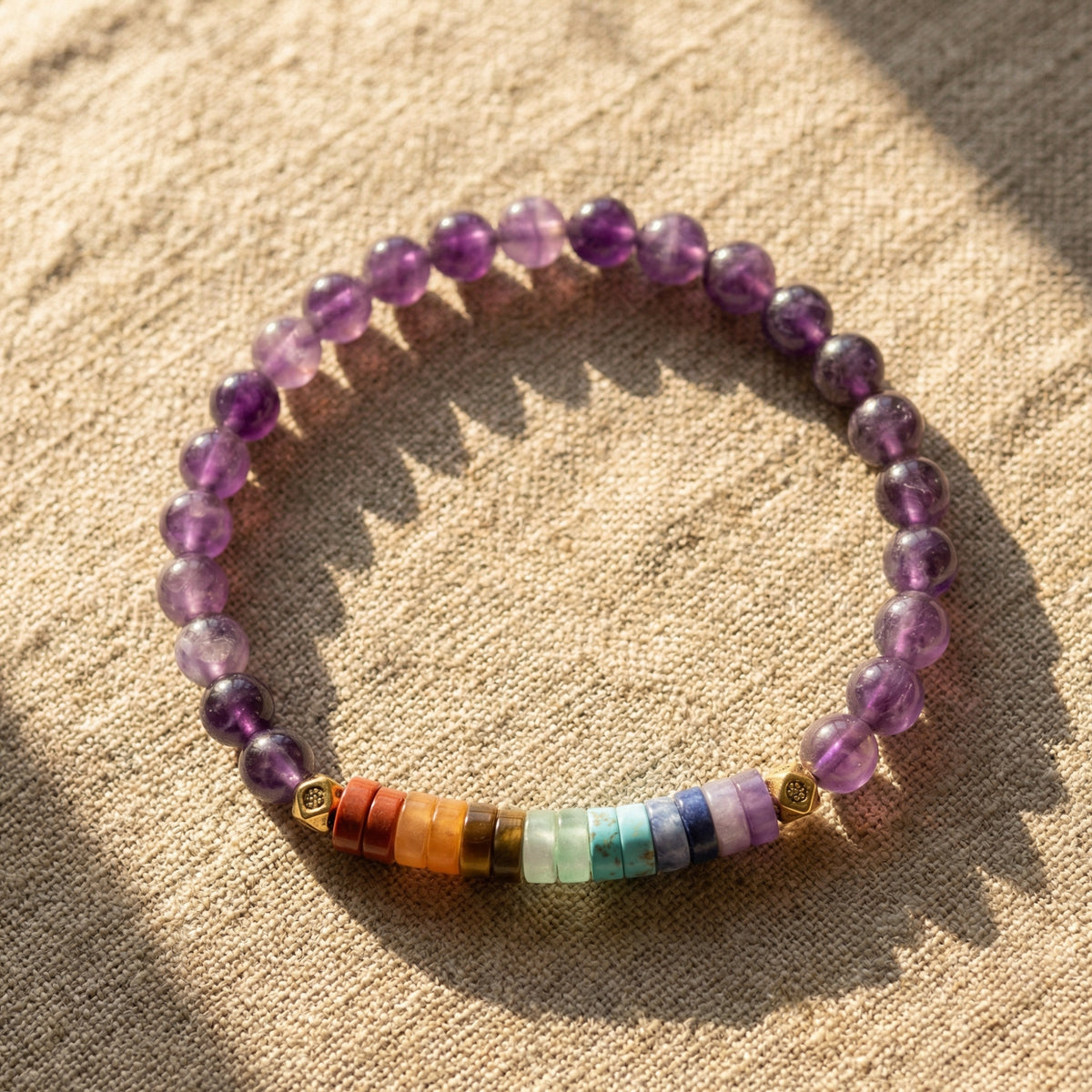 Bransoletka z fioletowym ametystem i kolorowymi kamieniami 7 czakr, mini koraliki w stylu boho