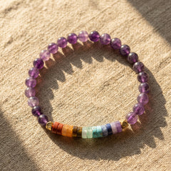 Bransoletka z fioletowym ametystem i kolorowymi kamieniami 7 czakr, mini koraliki w stylu boho