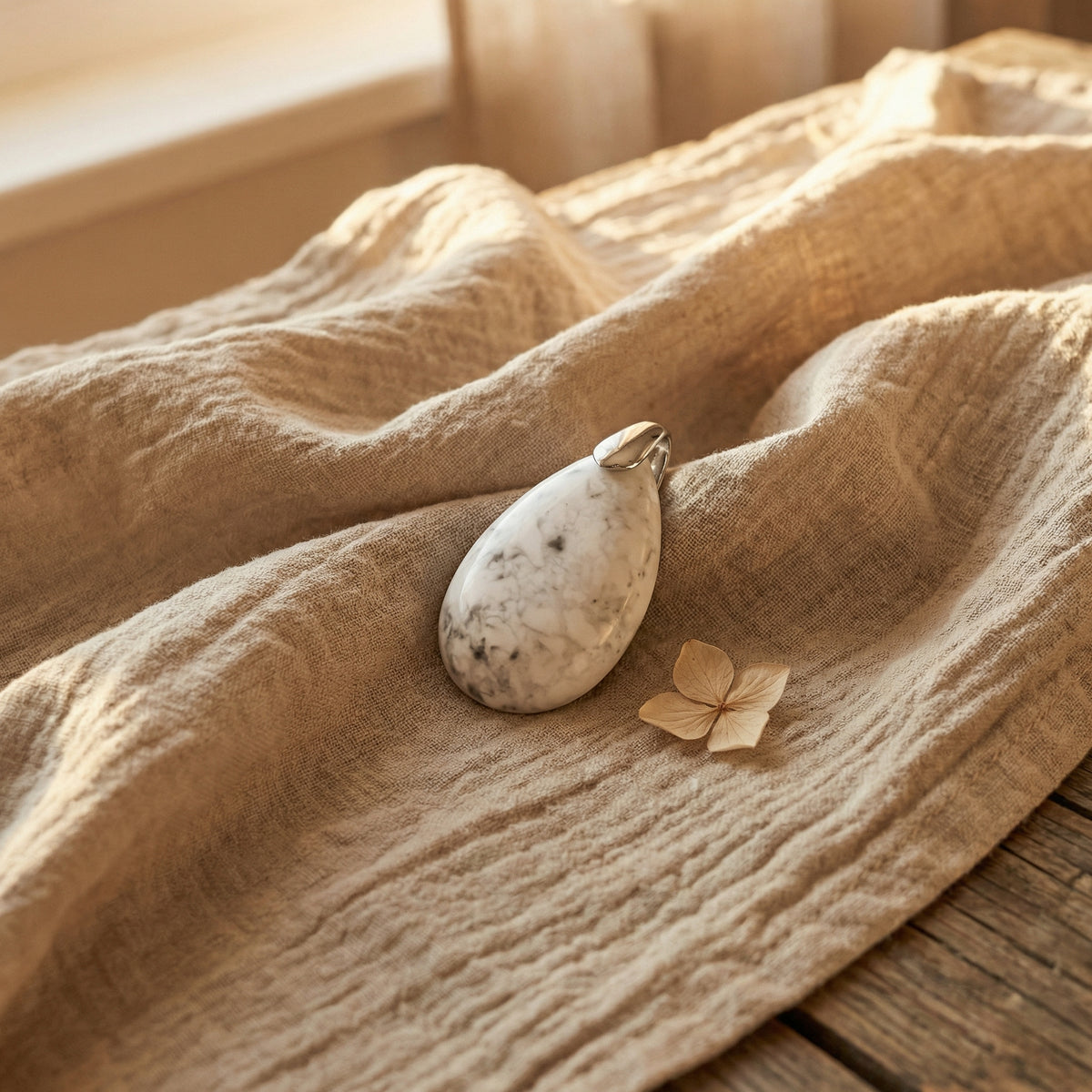 Wisiorek z naturalnym howlitem w kształcie kropli w stylu boho - zdjęcie 4