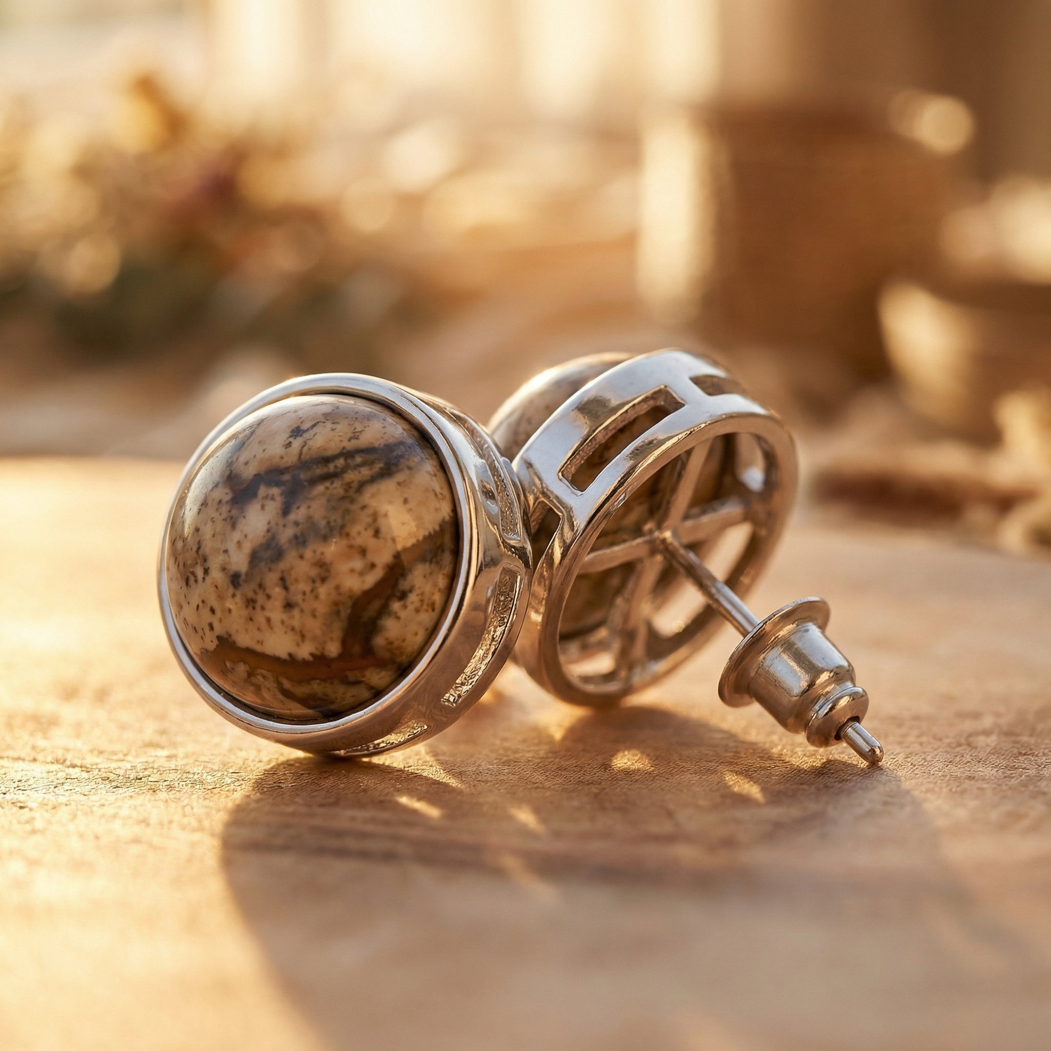 Kolczyki wkrętki z jaspisem obrazkowym i srebrnym wykończeniem - zdjęcie 2