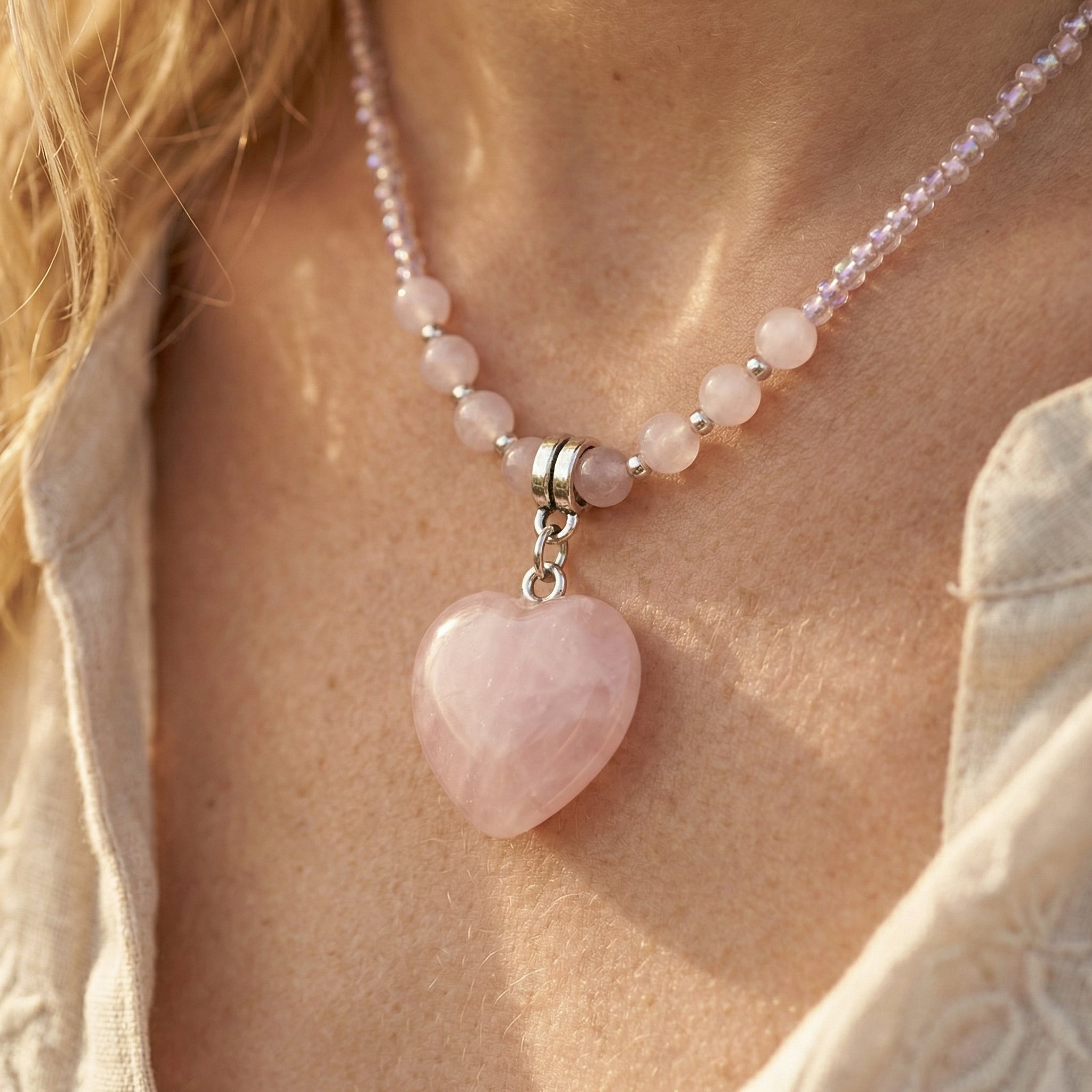 Naszyjnik z kwarcem różowym serce i ozdobnymi koralikami vintage - zdjęcie 6