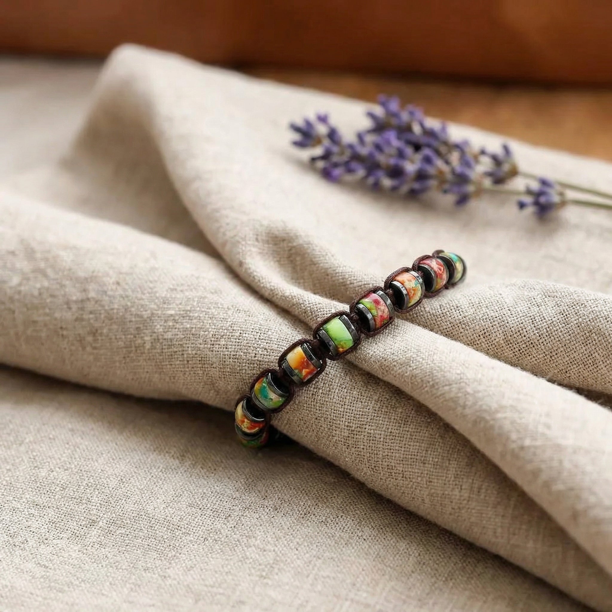 Bransoletka z jaspisu wielokolorowego i hematytu 6 mm regulowana - zdjęcie 4