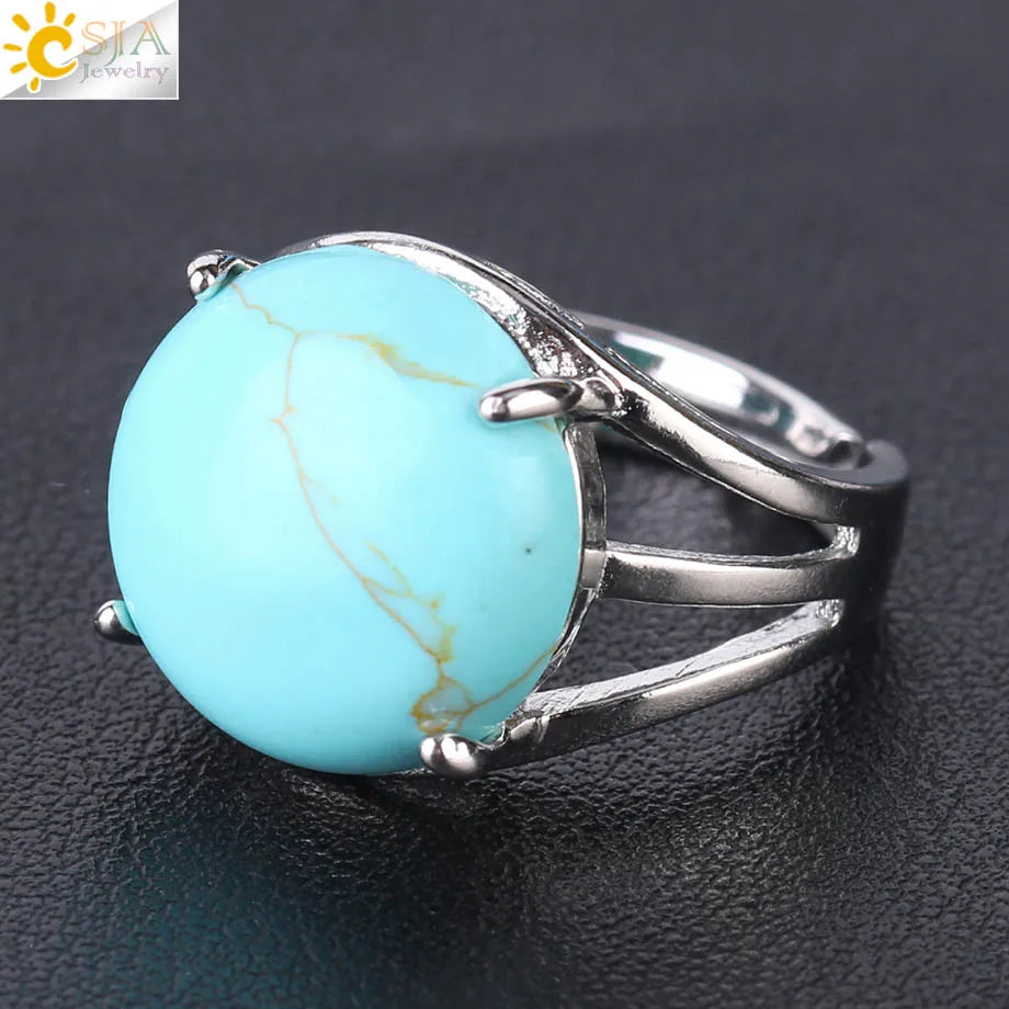 CSJA Crystal Ring for Women Natural Stone Ring Round Beads Finger Rings Amethysts Purple Quartz Silver Color Party Jewelry F476