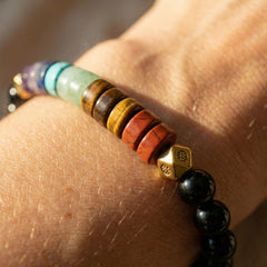 Bransoletka 7 czakr z czarnym obsydianem i ametystem, kolorowe kamienie naturalne 4mm na nadgarstku.