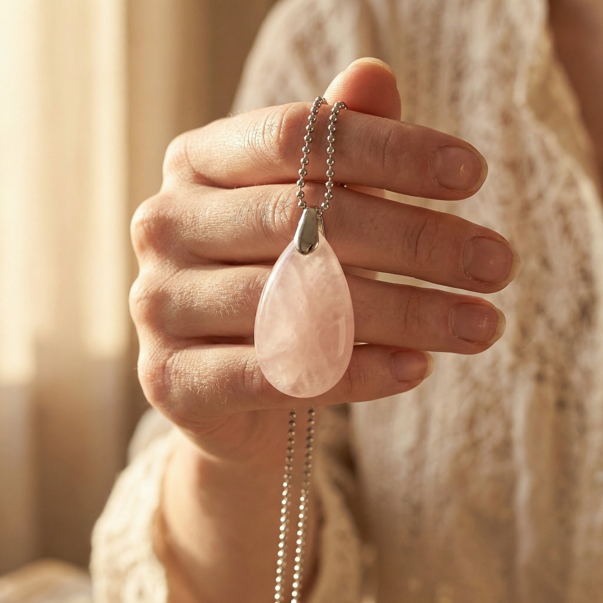 Naszyjnik z kwarcem różowym naturalnym w formie szlachetnej kropli - zdjęcie 8