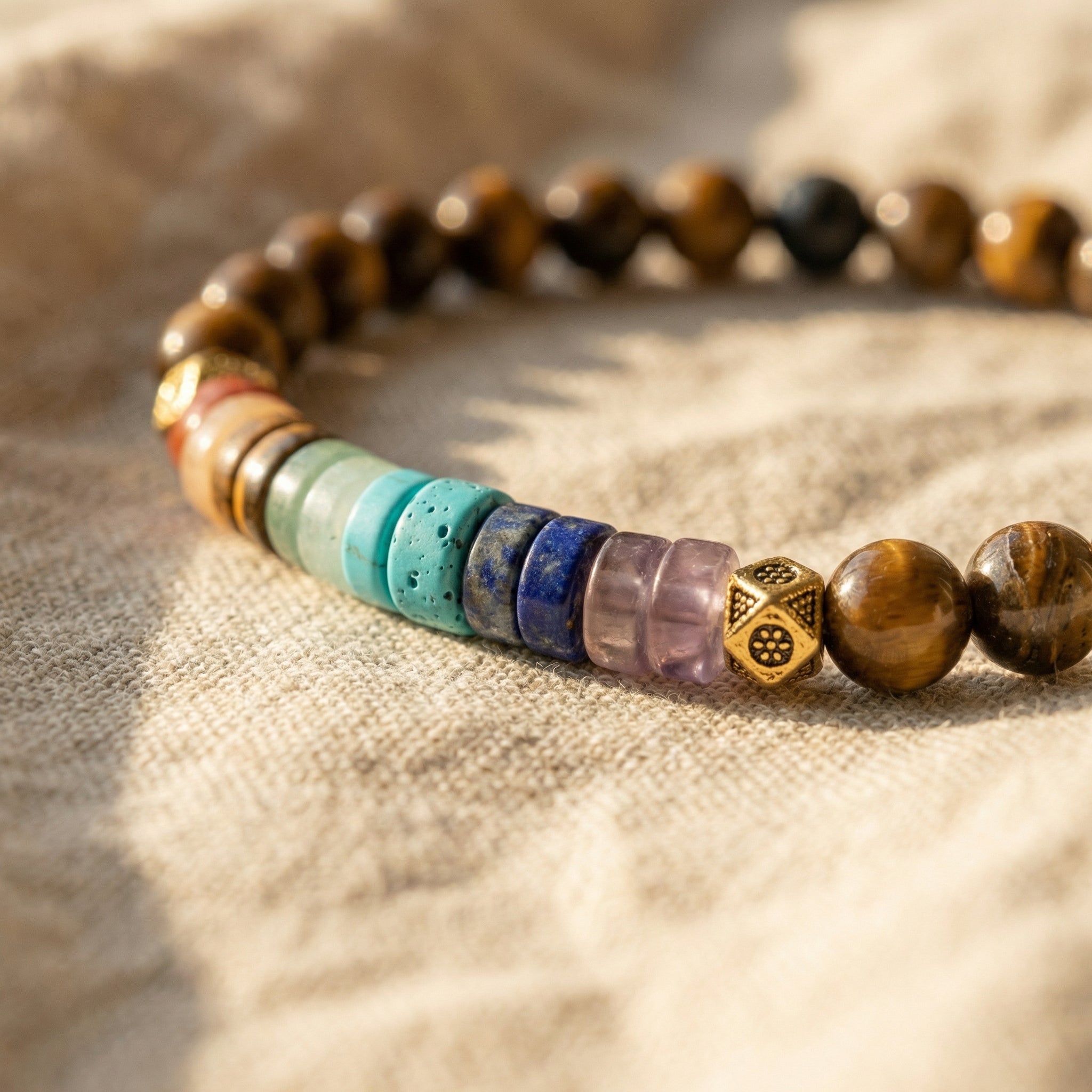 Bransoletka 7 czakr z tygrysim okiem i mini kamieniami naturalnymi, kolorowa biżuteria boho na jasnym tle.