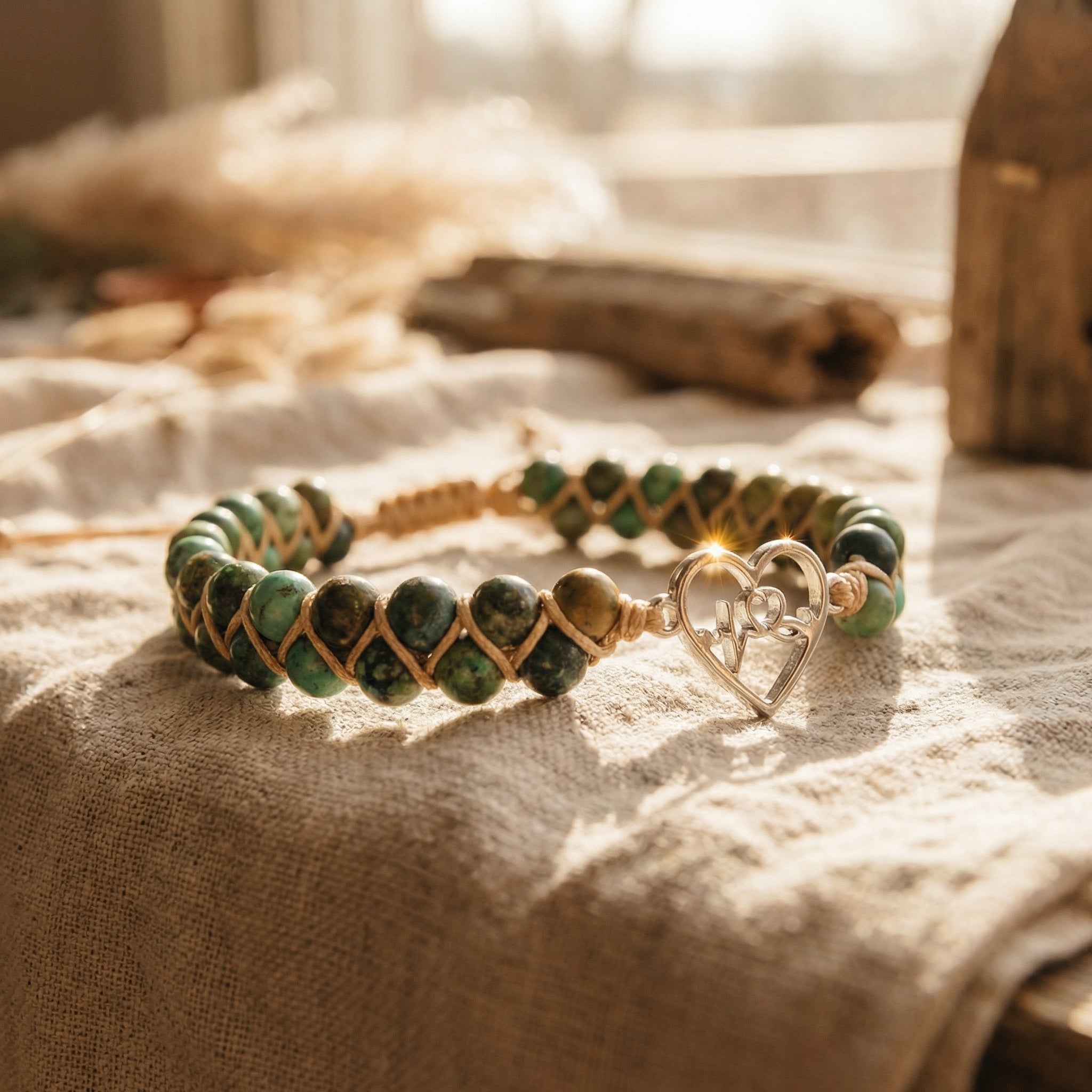 Bransoletka z jaspisem afrykańskim i sercem na plecionym sznurku - zdjęcie 2