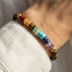 Bransoletka 7 czakr z tygrysim okiem i mini kamieniami naturalnymi na nadgarstku przy białym rękawie.