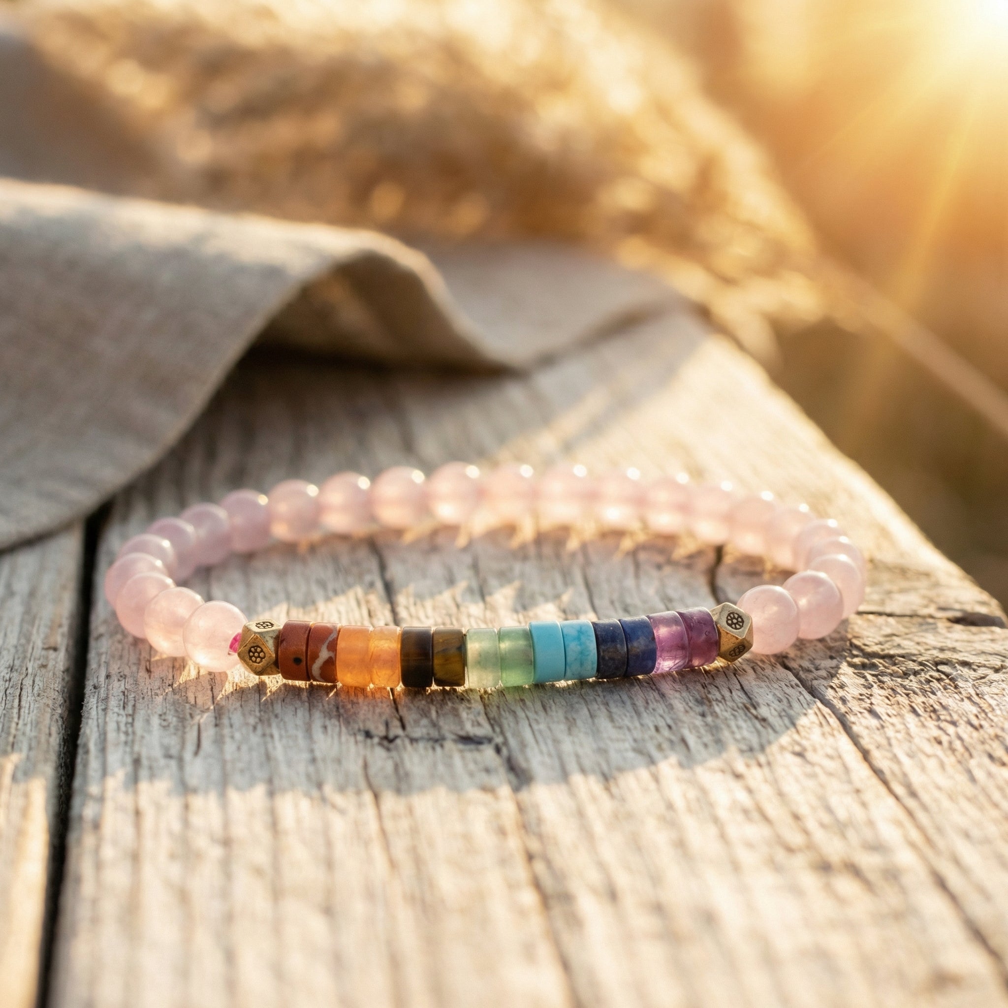 Bransoletka z kwarcu różowego i 7 kamieni czakr z ametystem. Naturalna biżuteria boho na drewnie w promieniach słońca.