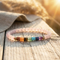 Bransoletka z kwarcu różowego i 7 kamieni czakr z ametystem. Naturalna biżuteria boho na drewnie w promieniach słońca.