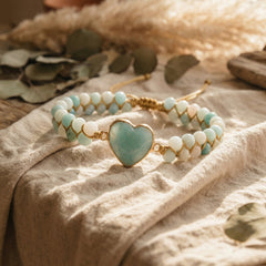 Bransoletka z amazonitem naturalnym i złotym sercem pleciona boho - zdjęcie 1