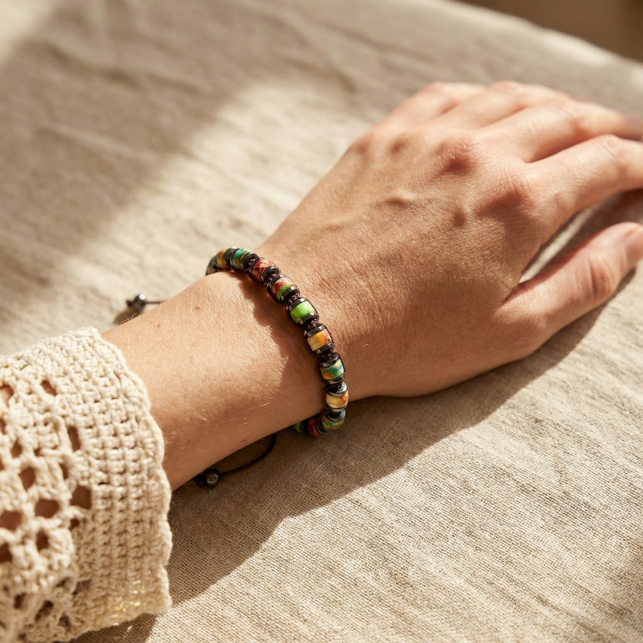 Bransoletka z jaspisu wielokolorowego i hematytu 6 mm regulowana - zdjęcie 7