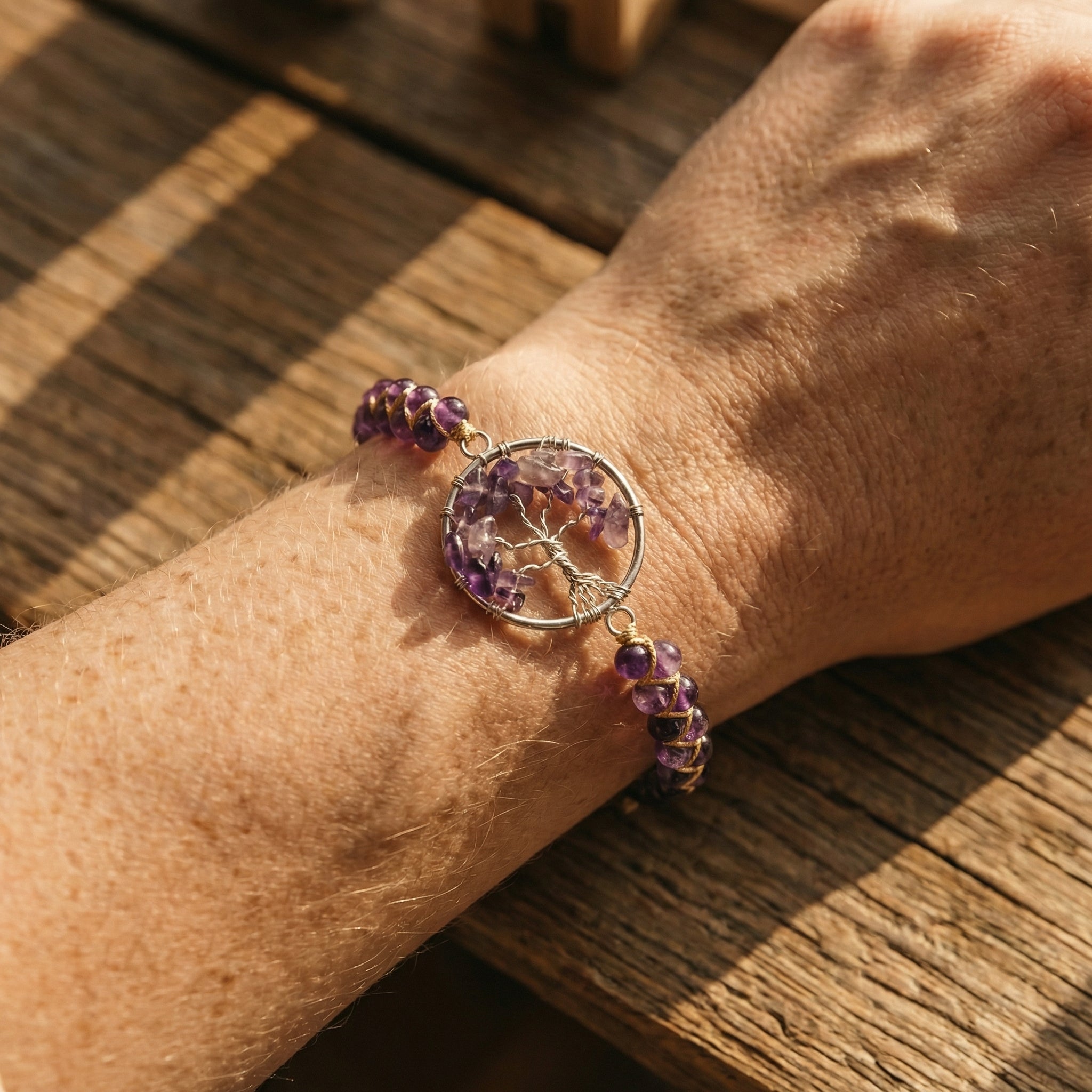 Bransoletka z ametystem naturalnym i motywem Drzewa Życia ręcznie pleciona - zdjęcie 9