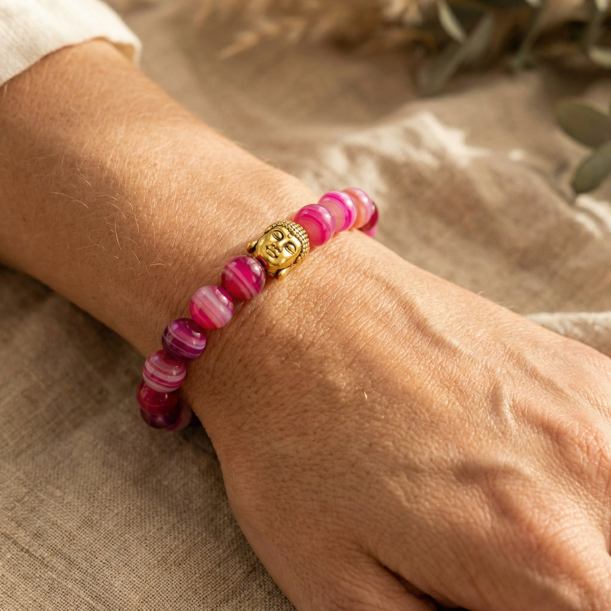 Bransoletka z agatem pasiastym różowa fuksja i miedzią - zdjęcie 6